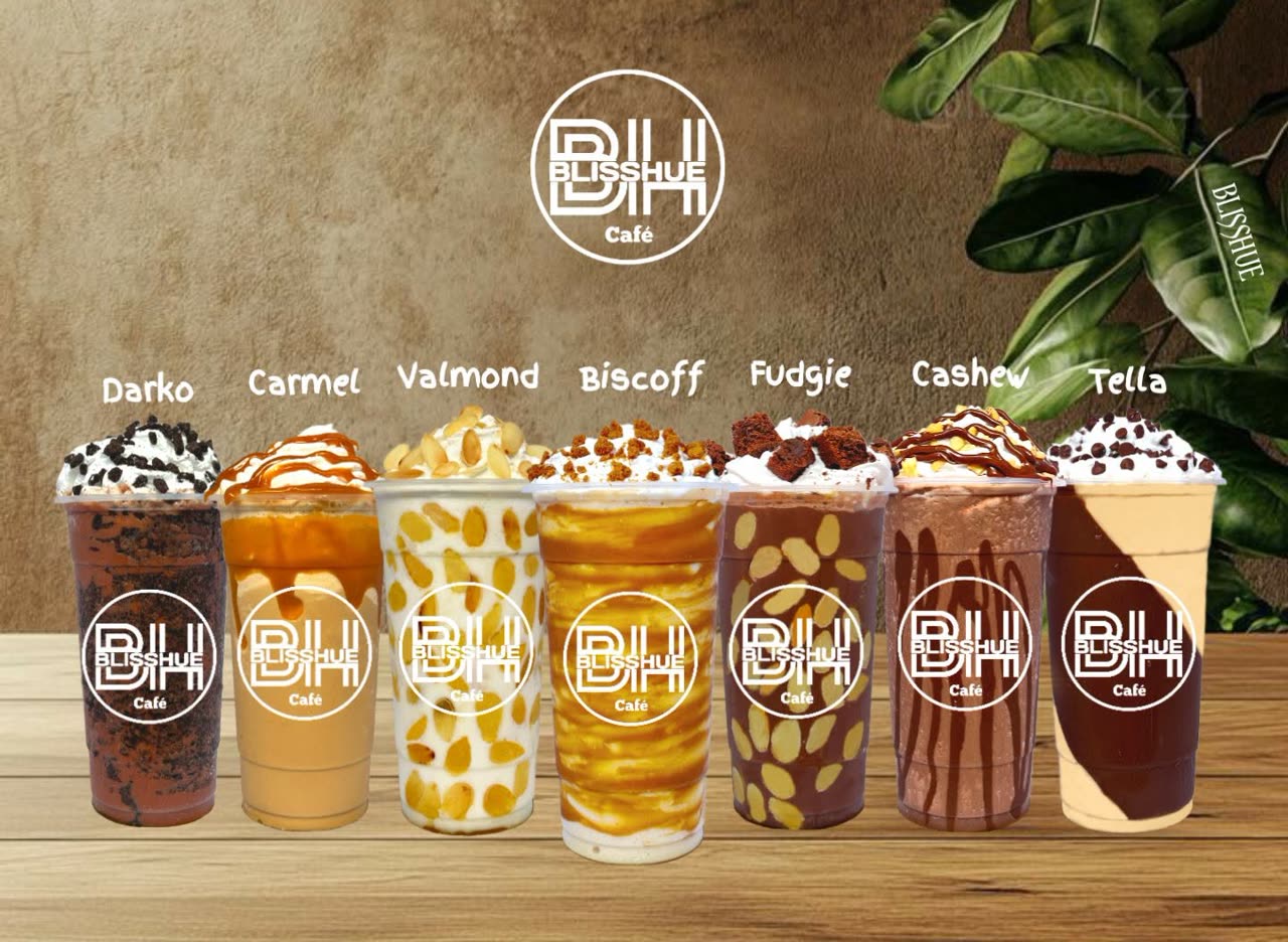 Blisshue Café signature lineup: Darko, Carmel, Valmond, Biscoff, Fudgie, Cashew and Tella frappes in a row